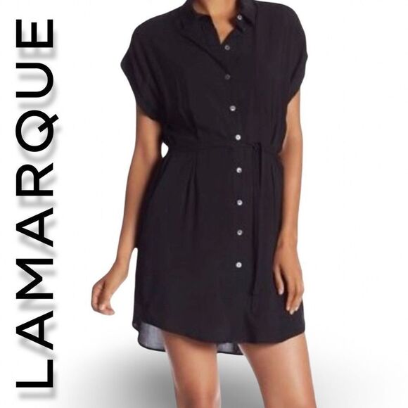 LAMARQUE Black Button Down Dress w/ Matching tie Belt, Hand Pockets, Size S